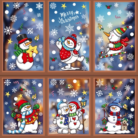 Christmas Window Stickers Snowman Snowflake Static Cling PVC Double Sided Decals Glass Door Party Decor Winter Holiday Gift