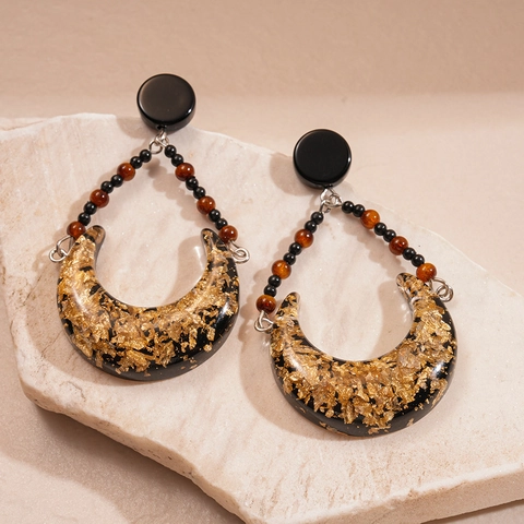 Pendientes Colgantes De Media Luna Vintage Pan De Oro Resina Cuentas Con Poste De Plata De Ley 925 Para Mujer