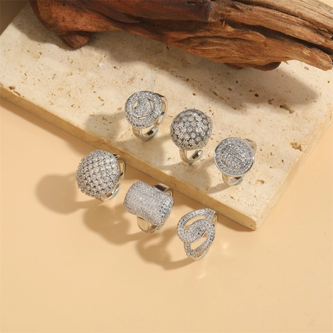 Vintage Copper Open Adjustable Ring For Women Micro Pave Zirconia Exaggerated Geometric Heart Flower Circular Finger Ring