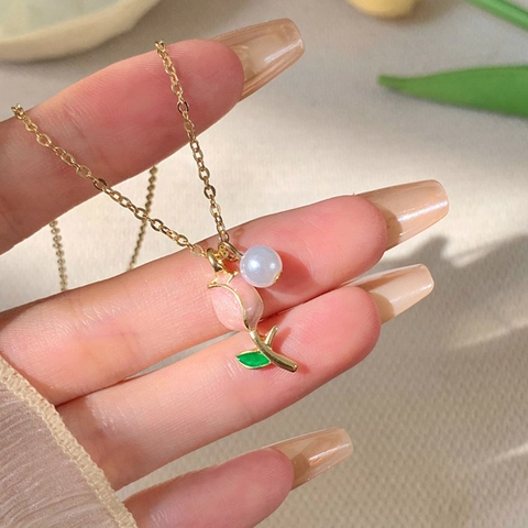 Pink Tulip Pendant Necklace For Women Alloy Enamel Flower With Artificial Pearl Elegant Sweet French Style Jewelry Summer Gift