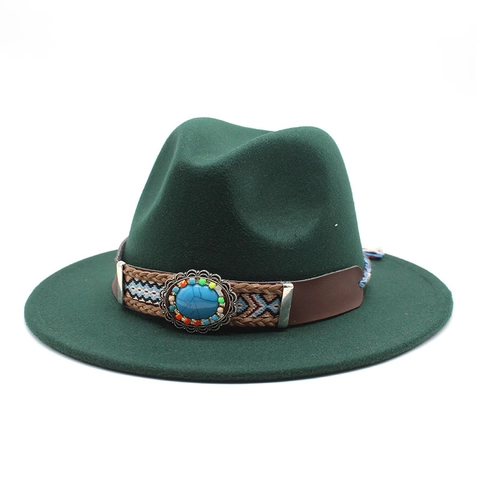 Fedora Hat Wide Brim Ethnic Bohemian Style With Turquoise Bead Decorative Band Vintage Jazz Cap For Women Men