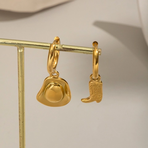Western Style Asymmetric Cowboy Hat And Boot Pendant Earrings 18K Gold Plated Stainless Steel Waterproof Jewelry For Women