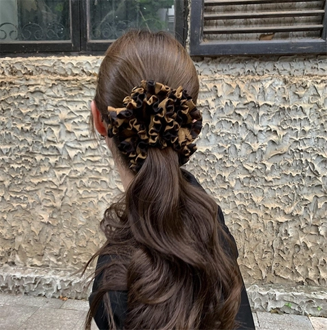 Coleteros De Tela Con Estampado De Leopardo Cuadros Y Tie Dye Gomas Elásticas Para El Pelo Con Volantes Grandes Estilo Vintage