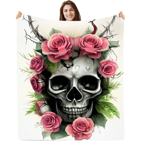 Halloween Gothic Flannel Blanket Skull Crow Moon Digital Print Soft Polyester Throw For Bed Couch Home Decor