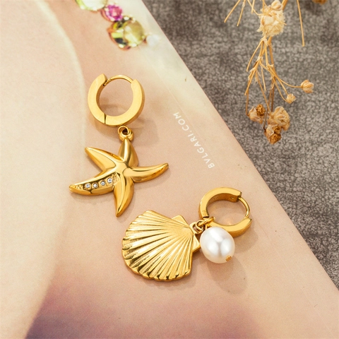 Stainless Steel Asymmetric Earrings With Shell Artificial Pearl And Zircon Starfish Shell Elegant Niche Ocean Style For Women