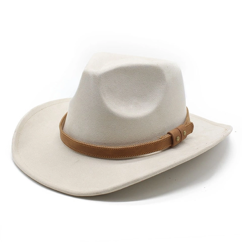 Western Cowboy Fedora Hat Faux Suede Polyester Wide Brim Retro Ethnic Style Leather Band Metal Rivets For Men Women