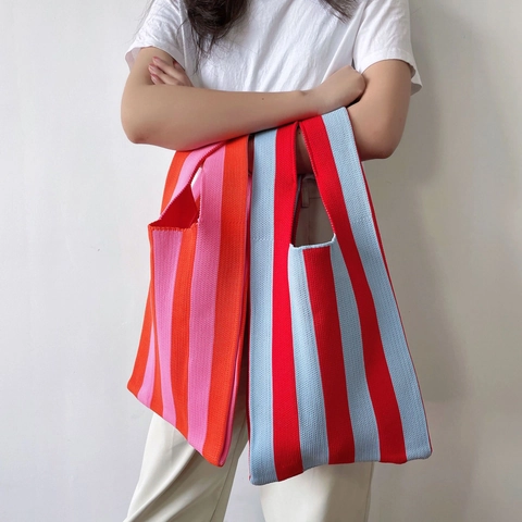 Striped Knitted Handbag Fashion Color Block Braided Tote Bag Large Capacity Casual Shopping Bag For Women Minimalist