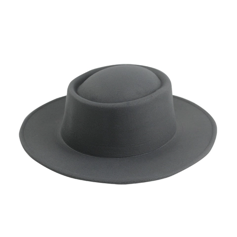 Flat Top Boater Hat Felt Wool Polyester Wide Brim Solid Color Vintage Jazz Fedora For Women And Men Ribbon Chain Decor
