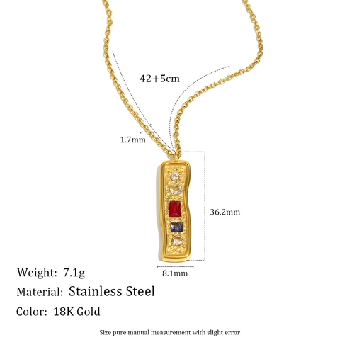 Collana Pendente Rettangolare Retro Con Pietre Zircone Colorate Acciaio Inossidabile Texture Martellata Irregolare Donne