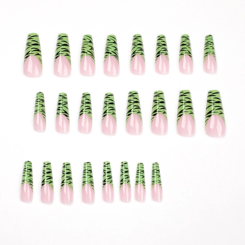 Long Coffin Press On Nails Glossy French Green Tiger Print Fake Nails Fashion Artificial Fingernails For Women