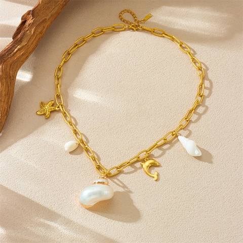 Oceaan Thema Hanger Ketting Roestvrij Staal Verguld Natuurlijke Schelp Zeester Dolfijn Schildpad Zomer Strand Sieraden Voor Dames