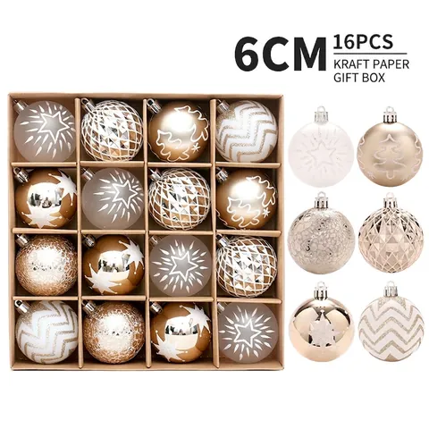 Kerstballen Plastic Onbreekbaar Boomdecoratie Champagne Goud Wit Glitter Patroon Feestje Huis Decoratie