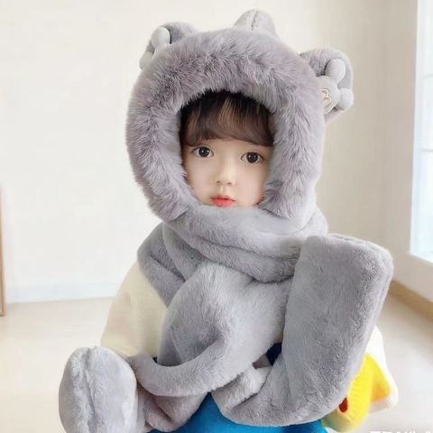 Sciarpa Con Cappuccio In Peluche Per Bambini E Guanti Tasca Orecchio Di Orso Cartone Animato Accessorio Invernale Caldo Per Ragazze Ragazzi