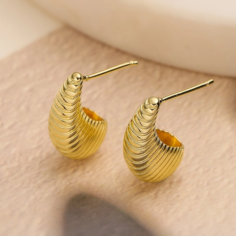 Retro Threaded Teardrop Stud Earrings Copper With Gold Plated Textured Metallic For Women