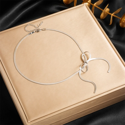 Stainless Steel Bow Knot Necklace Gold Plated Flat Snake Bone Herringbone Chain Minimalist Jewelry For Women Elegant