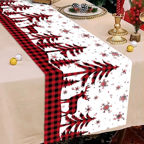 Christmas Table Runner Red Black Buffalo Plaid Reindeer Snowflake Polyester Holiday Dining Home Party Table Decoration