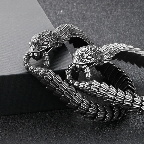 Bracelet En Acier Inoxydable Vintage Motif Écailles De Serpent Dragon Jonc Punk Gothique Bijoux Pour Hommes Style Heavy Metal