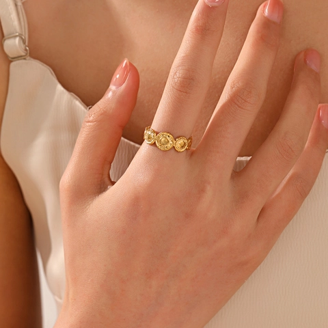 Geometric Round Open Gold Plated Stainless Steel Ring Adjustable Sunburst Texture Vintage Bohemian Jewelry For Women