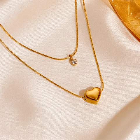 Collana A Strati Con Pendente A Cuore In Acciaio Inossidabile Zircone Intarsiato Placcato Oro Gioielli Eleganti Donna