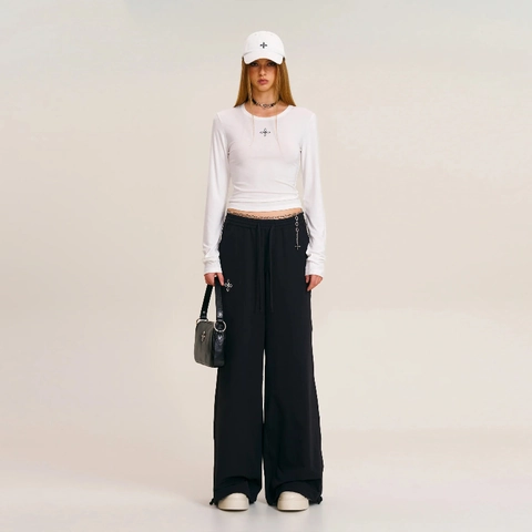 Pantaloni A Gamba Larga Da Donna Coulisse Regolabile Ricamo Motivo A Croce Streetwear Casual Vita Alta