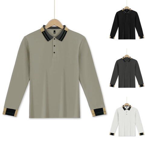 Polo De Manga Larga Para Hombre Punto De Gofre Cuello Con Rayas En Contraste Botones Moda Casual De Negocios