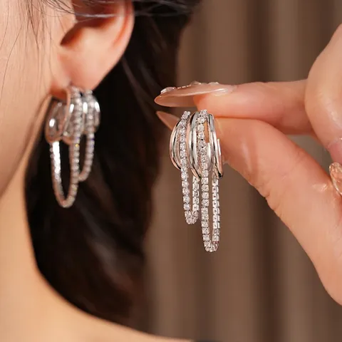 Multi-Layer Chain Tassel Drop Earrings With Zircon Copper Exquisite Geometric Jewelry Women Accessories Silver Earring Post