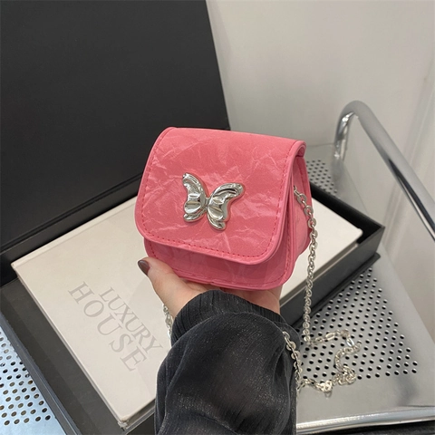 Mini Bolso Bandolera Mujer Cuero PU Textura Plisada Hebilla Mariposa Estética Cadena Plateada Casual Chic