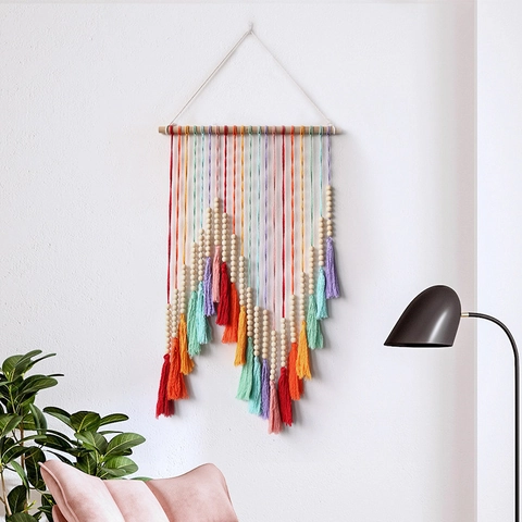 Hand Woven Macrame Wall Hanging Tapestry Colorful Rainbow Cotton Tassels Wood Beads Bohemian Nordic Home Decor