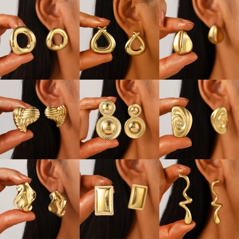 Stainless Steel Heart Earrings Geometric Liquid Metal Abstract Vintage Style Fashion Jewelry For Women 18K Gold Plated