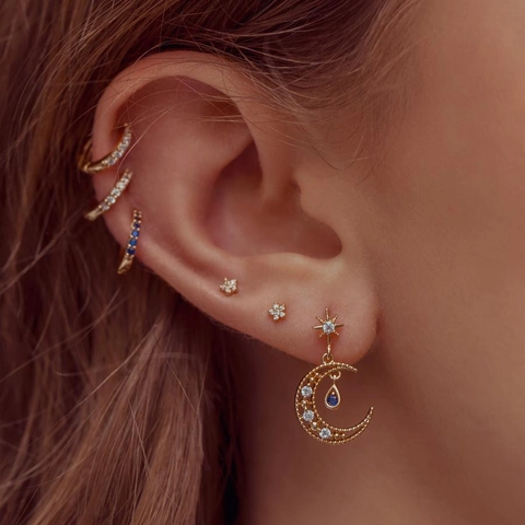 Himmelsstern Mond Blumen Ohrringe Kupfer Zirkonia Schmuck Mit 925 Sterling Silber Ohrstecker Elegant Für Damen