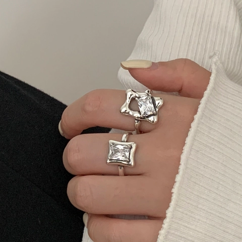 Anillo Abierto de Cobre con Diamantes de Imitación Geométricos Irregulares de Estilo Indie para Mujer Joyas de Moda Ins Lujo Ligero Ajustable