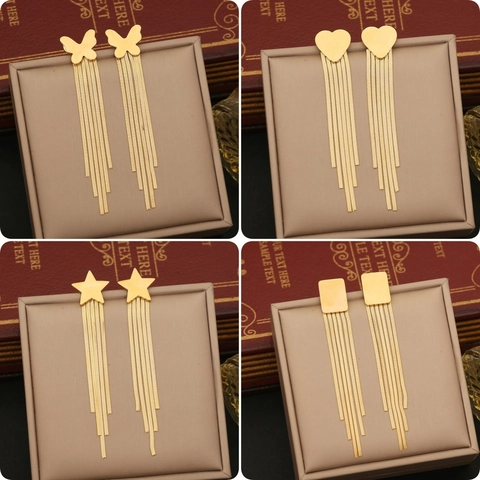 Orecchini Lunghi Con Nappine In Acciaio Inossidabile Farfalla Cuore Stella Quadrato Geometrico Gioielli Moda Per Donna Oro