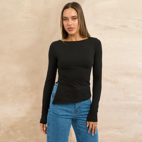 Damen Langarm T-Shirt Asymmetrischer Saum Seitenschlitz Slim Fit Modal Polyester Mischung Einfarbig U-Boot Ausschnitt Top