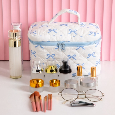 Borsa Da Toilette Trapuntata Poliestere Grande Capacità Motivo Fiocco Organizzatore Trucco Viaggio Portatile Donne