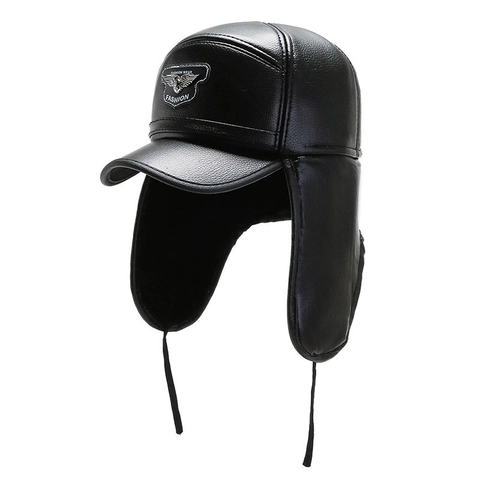 Men Winter Lei Feng Hat PU Leather Faux Fur Warm Windproof Earflap Bomber Cap Peaked Hat Metal Eagle Wing Logo