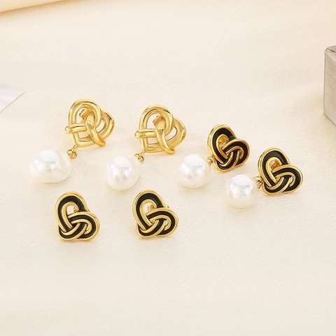 Pendientes De Acero Inoxidable Con Nudo De Corazón Con Perla Barroca Artificial Y Esmalte Negro Estilo Palacio Retro Para Mujer