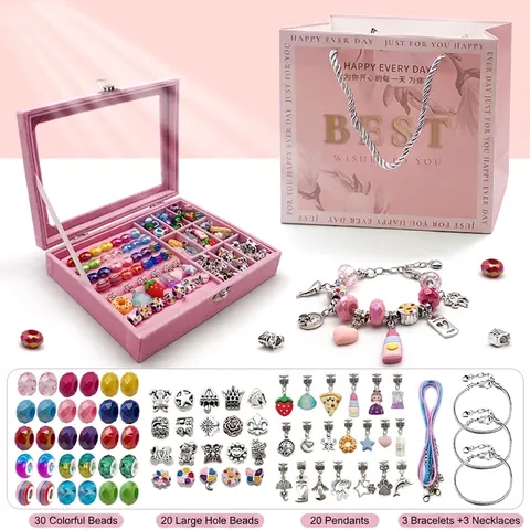 Kit de Fabricación de Pulseras de Dijes DIY para Niñas Cuentas Coloridas Colgante de Aleación Collar Juego de Joyas Con Caja de Terciopelo Rosa y Bolsa de Regalo