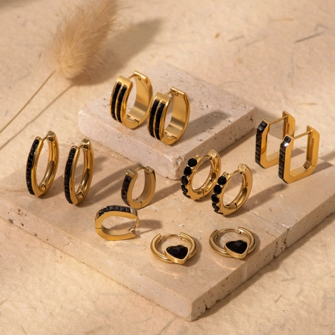 Geometrische Creolen Titanium Staal Zwarte Zirkonia Verguld Vintage Luxe Hart Sieraden Voor Vrouwen