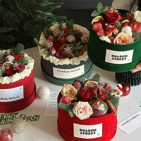 Christmas Round Gift Box Velvet Knitted Plaid Tweed Style Holiday Flower Arrangement Storage Fruit Packaging Case DIY