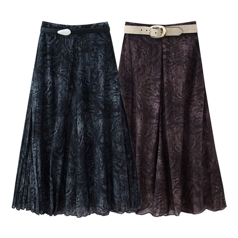 Women Vintage Abstract Print Midi Skirt High Waist A-Line Straight Skirt With Adjustable Belt Elegant Streetwear Style