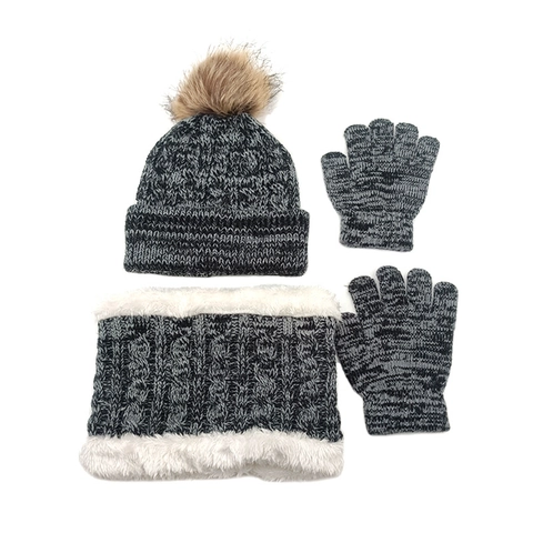 Children Winter Knitted Hat Scarf And Gloves Warm Fleece Lined Beanie With Faux Fur Pom Pom For Boys Girls Toddler