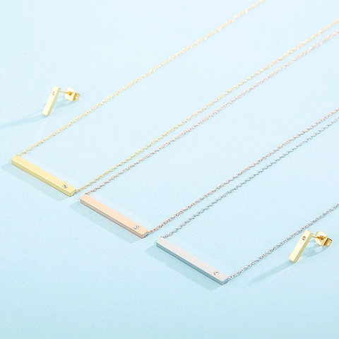 Minimalistische Verticale Bar Ketting En Oorknopjes 316L Roestvrij Staal Roségoud Verguld Strass Geometrisch Elegant