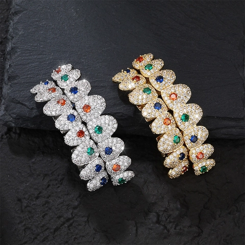 Grillz per Denti Superiori e Inferiori in Rame Hip Hop con Strass Multicolore Oro Argento Placcato Gioielli per Denti per Uomo Donna