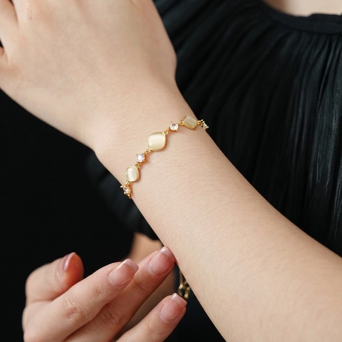 Zircon Rhombus Adjustable Bracelet With Synthetic Cat's Eye Stone Copper Gold Plated Geometric Jewelry For Women