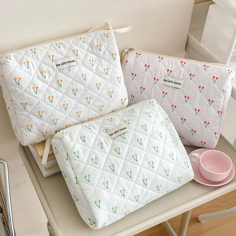 Quilted Cotton Cosmetic Bag Cherry Polka Dot Pattern Travel Makeup Organizer Cute Zipper Pouch With Handle For Women