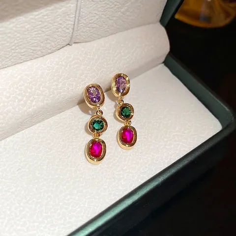 Multicolor Zirkon Hängeohrringe 925 Sterling Silber Ohrstecker Dreistufiger Ovaler Edelstein Eleganter Modeschmuck Für Damen