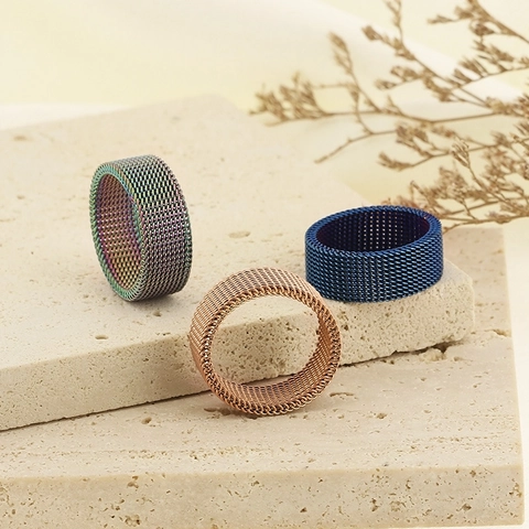 Bague Large En Maille Tissée Acier Inoxydable Style Bracelet De Montre Milanais Bijoux Minimalistes Industriels Unisexes