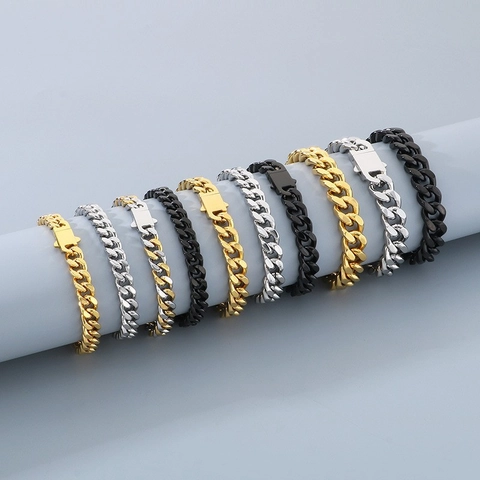 Pulsera De Cadena Cubana Para Hombre Acero Inoxidable Estilo Hip Hop Punk Cadena De Metal Plana Pulida Regalo