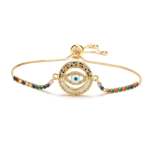 Bracciale Malocchio Rame Placcato Oro Zircone Arcobaleno Chiusura Scorrevole Regolabile Gioielli Boho Per Donna