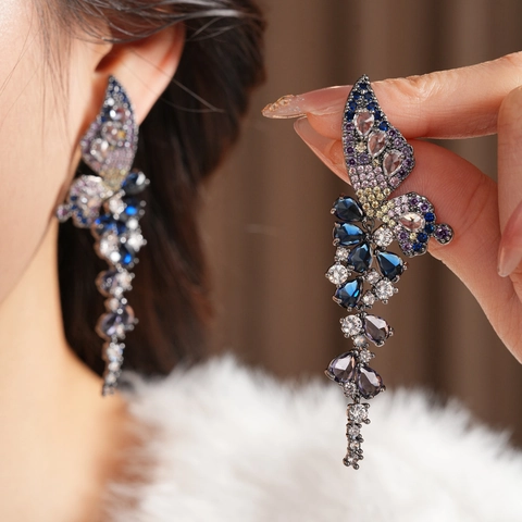Butterfly Tassel Copper Dangle Earrings With Multi Color Cubic Zirconia And Silver Earring Post Vintage Luxury Women